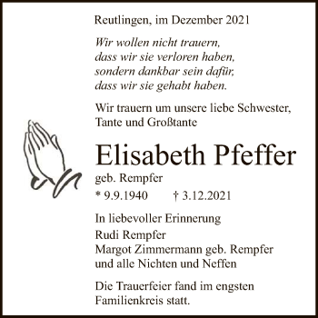 Traueranzeigen Von Elisabeth Pfeffer Trauer Gea De