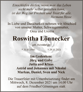 Anzeige von Roswitha Lönnecker von Reutlinger General-Anzeiger
