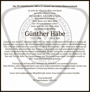 Anzeige von Günther Häbe von Reutlinger General-Anzeiger
