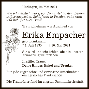 Anzeige von Erika Empacher von Reutlinger General-Anzeiger