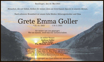 Anzeige von Grete Emma Goller von Reutlinger General-Anzeiger