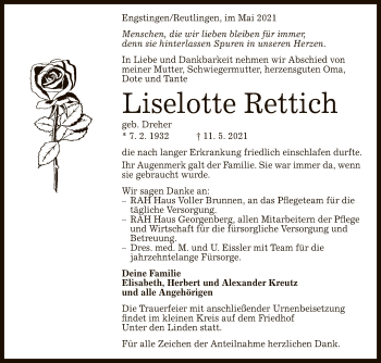 Anzeige von Liselotte Rettich von Reutlinger General-Anzeiger