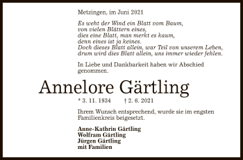Anzeige von Annelore Gärtling von Reutlinger General-Anzeiger