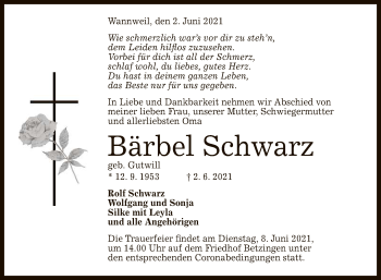 Anzeige von Bärbel Schwarz von Reutlinger General-Anzeiger