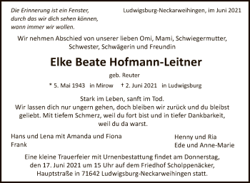 Anzeige von Elke Beate Hofmann-Leitner von Reutlinger General-Anzeiger