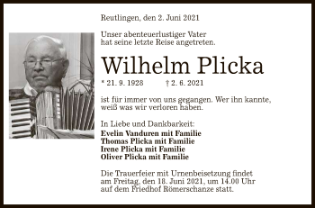 Anzeige von Wilhelm Plicka von Reutlinger General-Anzeiger