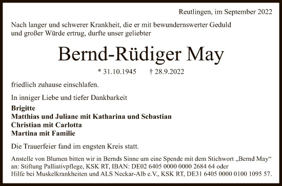 Traueranzeigen von Bernd Rüdiger May trauer gea de