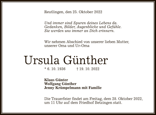 Traueranzeigen von Ursula Günther trauer gea de