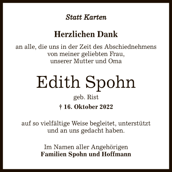 Traueranzeigen Von Edith Spohn Trauer Gea De