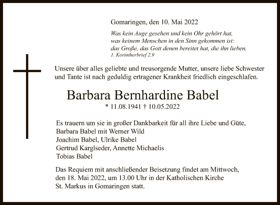 Anzeige von Barbara Bernhardine Babel von Reutlinger General-Anzeiger