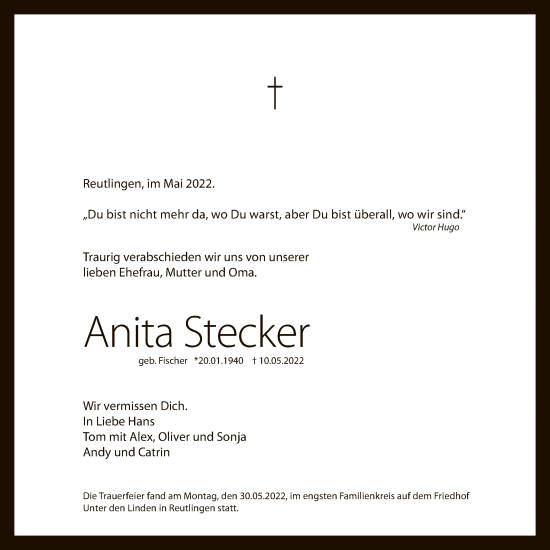Anzeige von Anita Stecker von Reutlinger General-Anzeiger