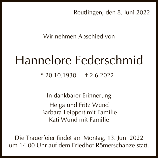 Anzeige von Hannelore Federschmid von Reutlinger General-Anzeiger