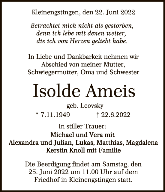 Traueranzeigen Von Isolde Ameis Trauer Gea De