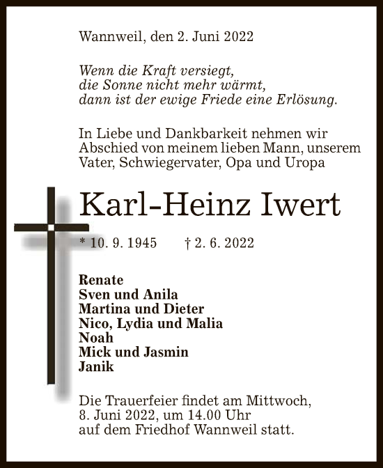 Anzeige von Karl-Heinz Iwert von Reutlinger General-Anzeiger