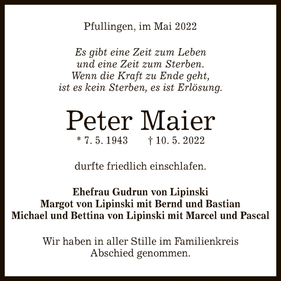 Anzeige von Peter Maier von Reutlinger General-Anzeiger