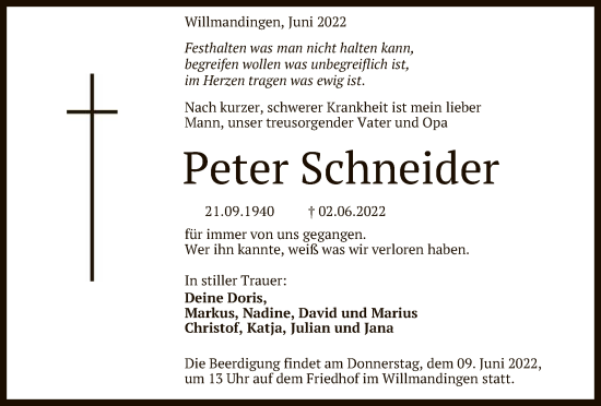 Anzeige von Peter Schneider von Reutlinger General-Anzeiger