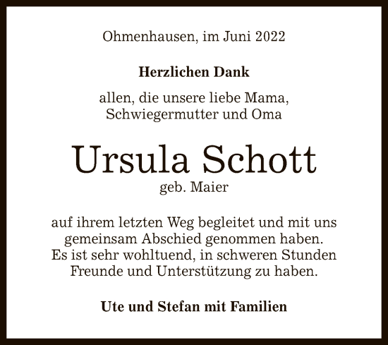 Anzeige von Ursula Schott von Reutlinger General-Anzeiger