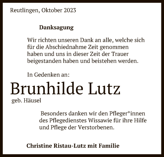 Anzeige von Brunhilde Lutz von Reutlinger General-Anzeiger