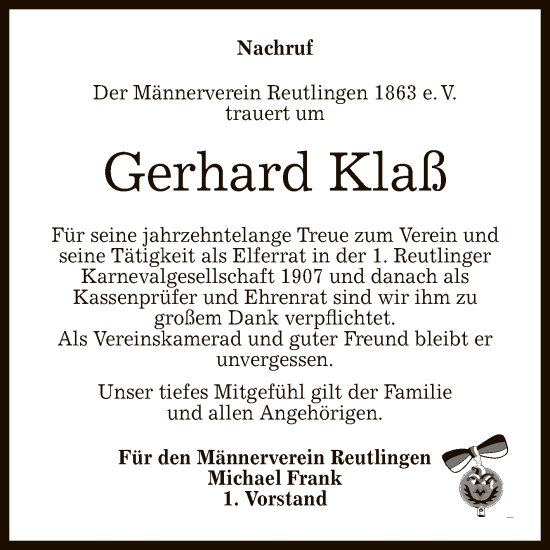 Anzeige von Gerhard Klaß von Reutlinger General-Anzeiger