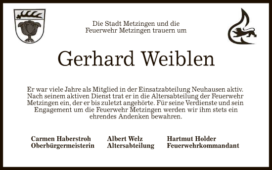 Anzeige von Gerhard Weiblen von Reutlinger General-Anzeiger