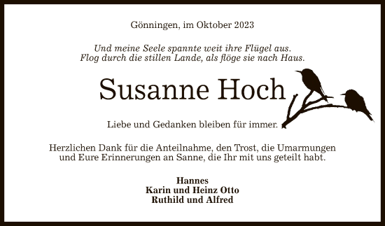Anzeige von Susanne Hoch von Reutlinger General-Anzeiger
