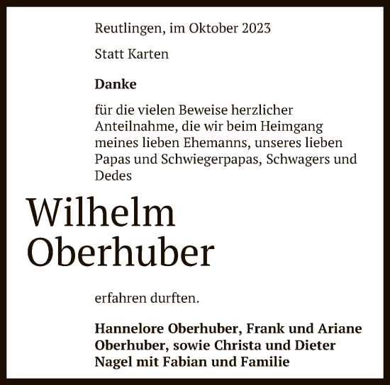 Anzeige von Wilhelm Oberhuber von Reutlinger General-Anzeiger