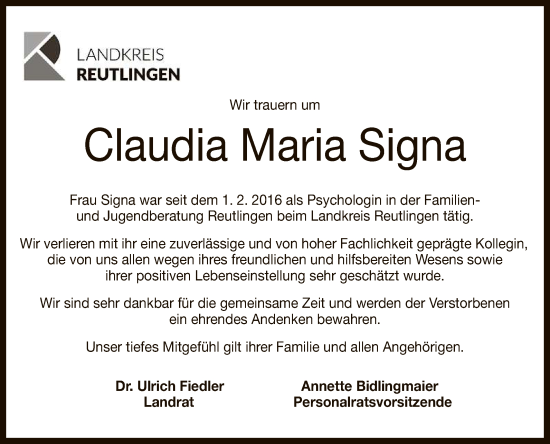 Anzeige von Claudia Maria Signa von Reutlinger General-Anzeiger
