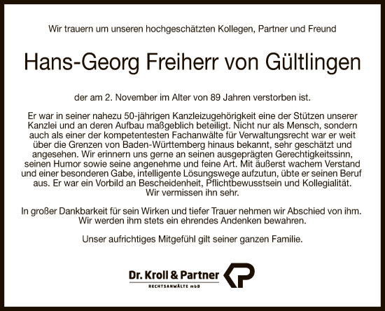 Anzeige von Hans-Georg  von Gültlingen von Reutlinger General-Anzeiger