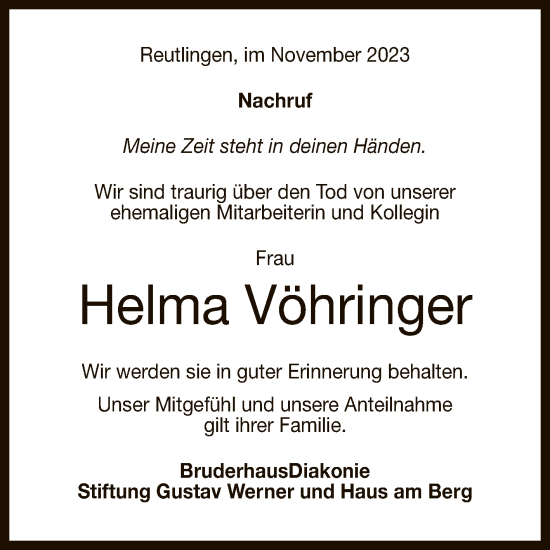 Anzeige von Helma Vöhringer von Reutlinger General-Anzeiger