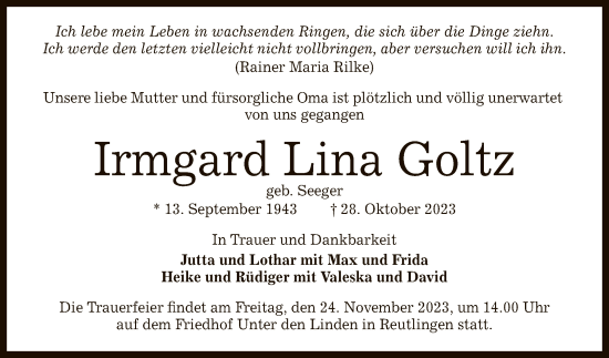Anzeige von Irmgard Lina Goltz von Reutlinger General-Anzeiger