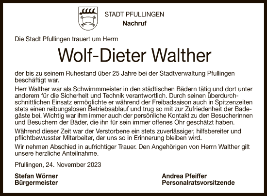 Anzeige von Wolf-Dieter Walther von Reutlinger General-Anzeiger
