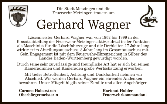 Anzeige von Gerhard Wagner von Reutlinger General-Anzeiger