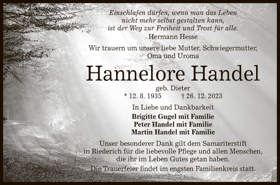 Anzeige von Hannelore Handel von Reutlinger General-Anzeiger