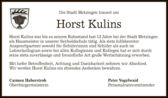 Anzeige von Horst Kulins von Reutlinger General-Anzeiger