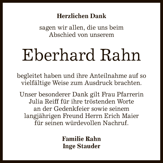Anzeige von Eberhard Rahn von Reutlinger General-Anzeiger