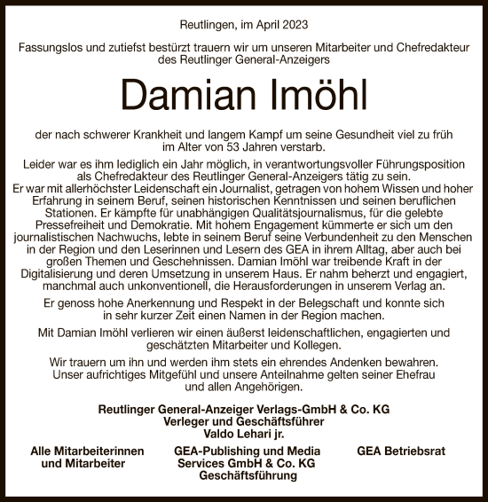 Anzeige von Damian Imöhl von Reutlinger General-Anzeiger