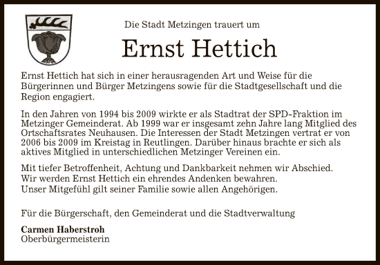 Anzeige von Ernst Hettich von Reutlinger General-Anzeiger