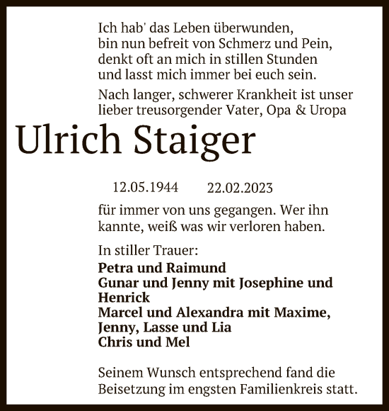 Traueranzeigen Von Ulrich Staiger Trauer Gea De