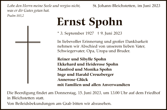 Traueranzeigen Von Ernst Spohn Trauer Gea De