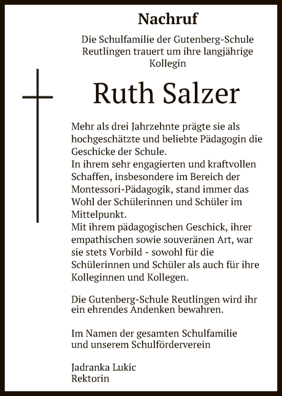 Anzeige von Ruth Salzer von Reutlinger General-Anzeiger