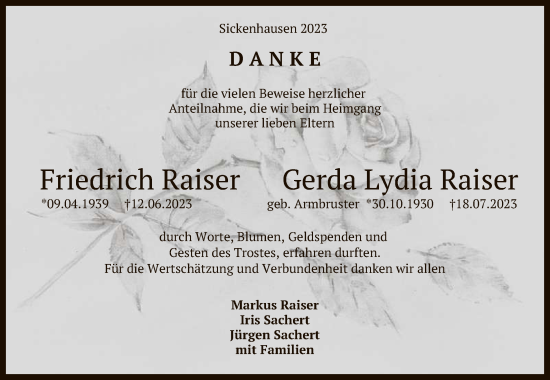 Anzeige von Friedrich und Gerda Lydia Raiser von Reutlinger General-Anzeiger
