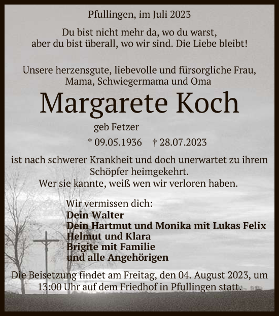 Traueranzeigen Von Margarete Koch Trauer Gea De