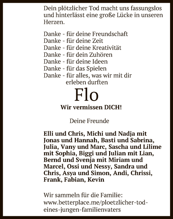 Anzeige von Flo  von Reutlinger General-Anzeiger