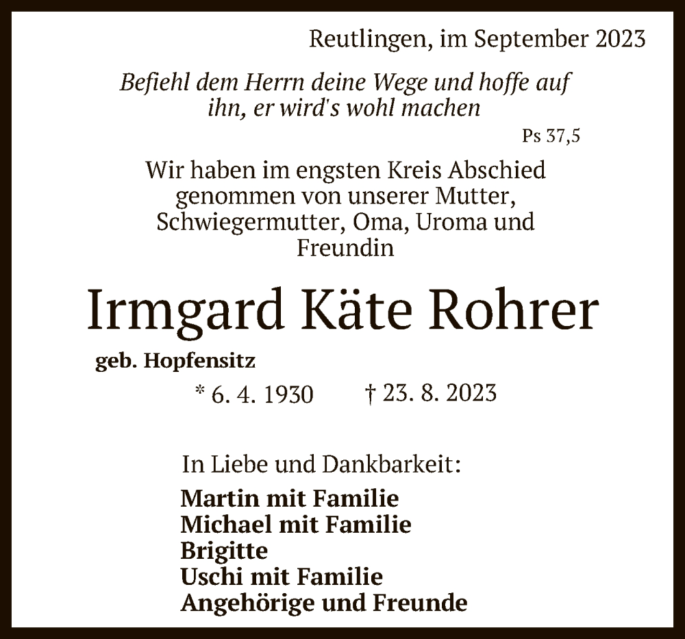 Traueranzeigen von Irmgard Käte Rohrer trauer gea de