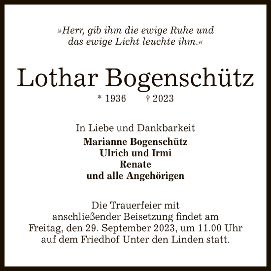 Anzeige von Lothar Bogenschütz von Reutlinger General-Anzeiger