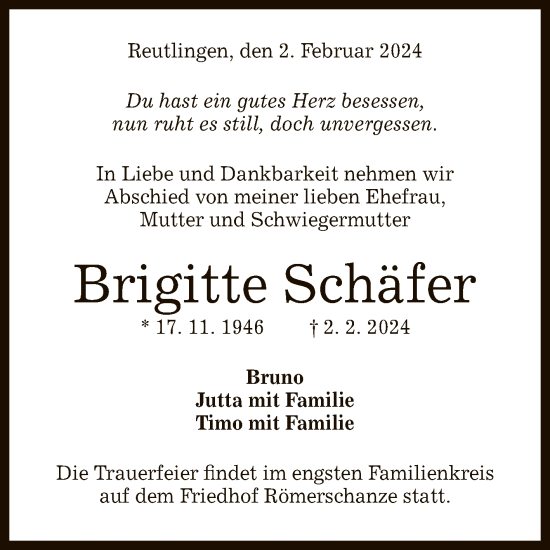 Anzeige von Brigitte Schäfer von Reutlinger General-Anzeiger