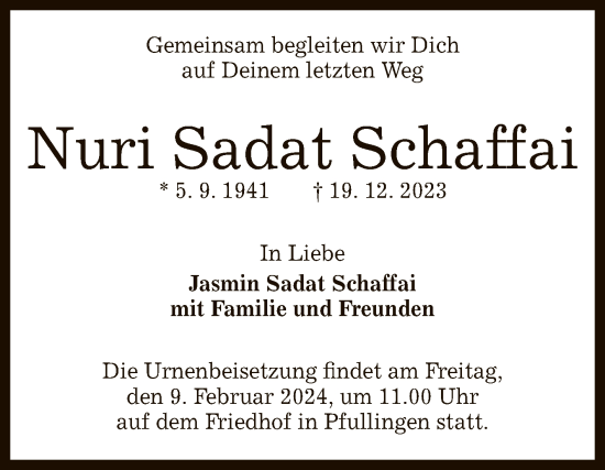 Anzeige von Nuri Sadat Schaffai von Reutlinger General-Anzeiger