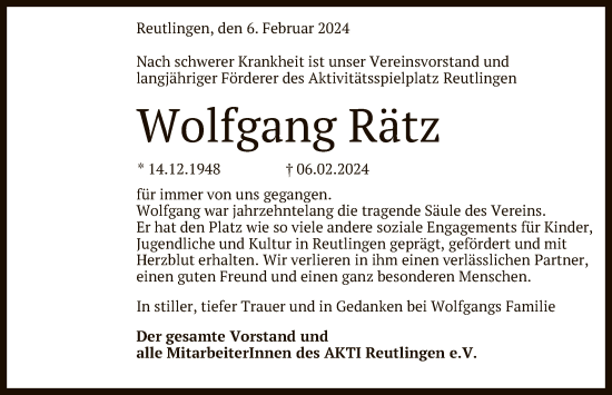 Anzeige von Wolfgang Rätz von Reutlinger General-Anzeiger
