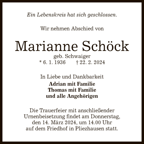Anzeige von Marianne Schöck von Reutlinger General-Anzeiger