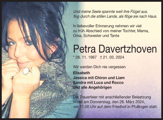 Anzeige von Petra Davertzhoven von Reutlinger General-Anzeiger